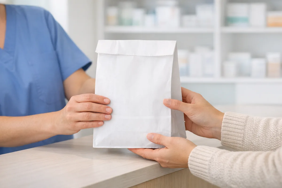 A patient collecting their treatment at the clinic counter